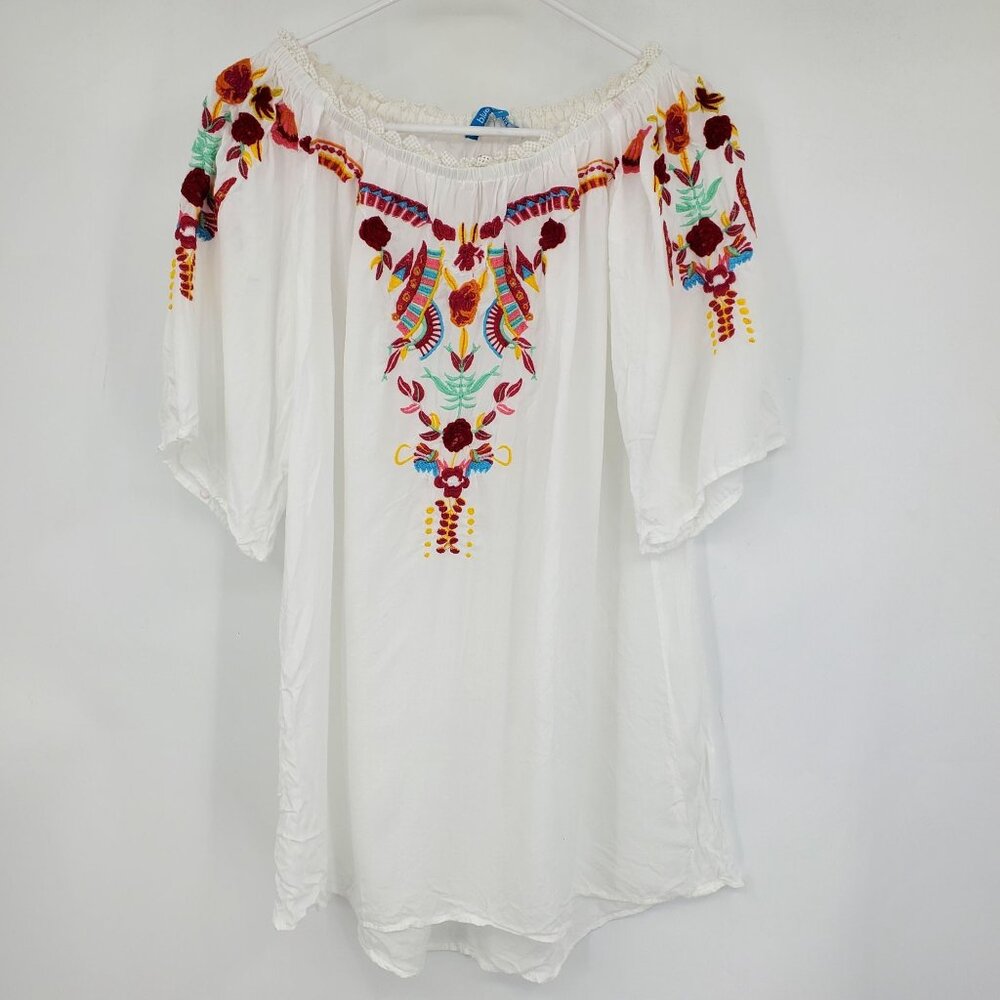 Blue Island Multicolor Floral‎ Embroidered Boho Beachy Coastal Tunic Top Shirt M